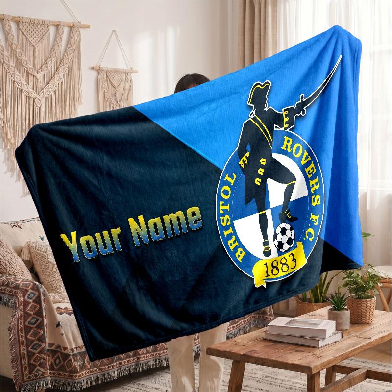 Bristol Rovers Personalized Fleece Blanket With Football Logo, Custom Name Text Soft Warm Home Throw Blanket