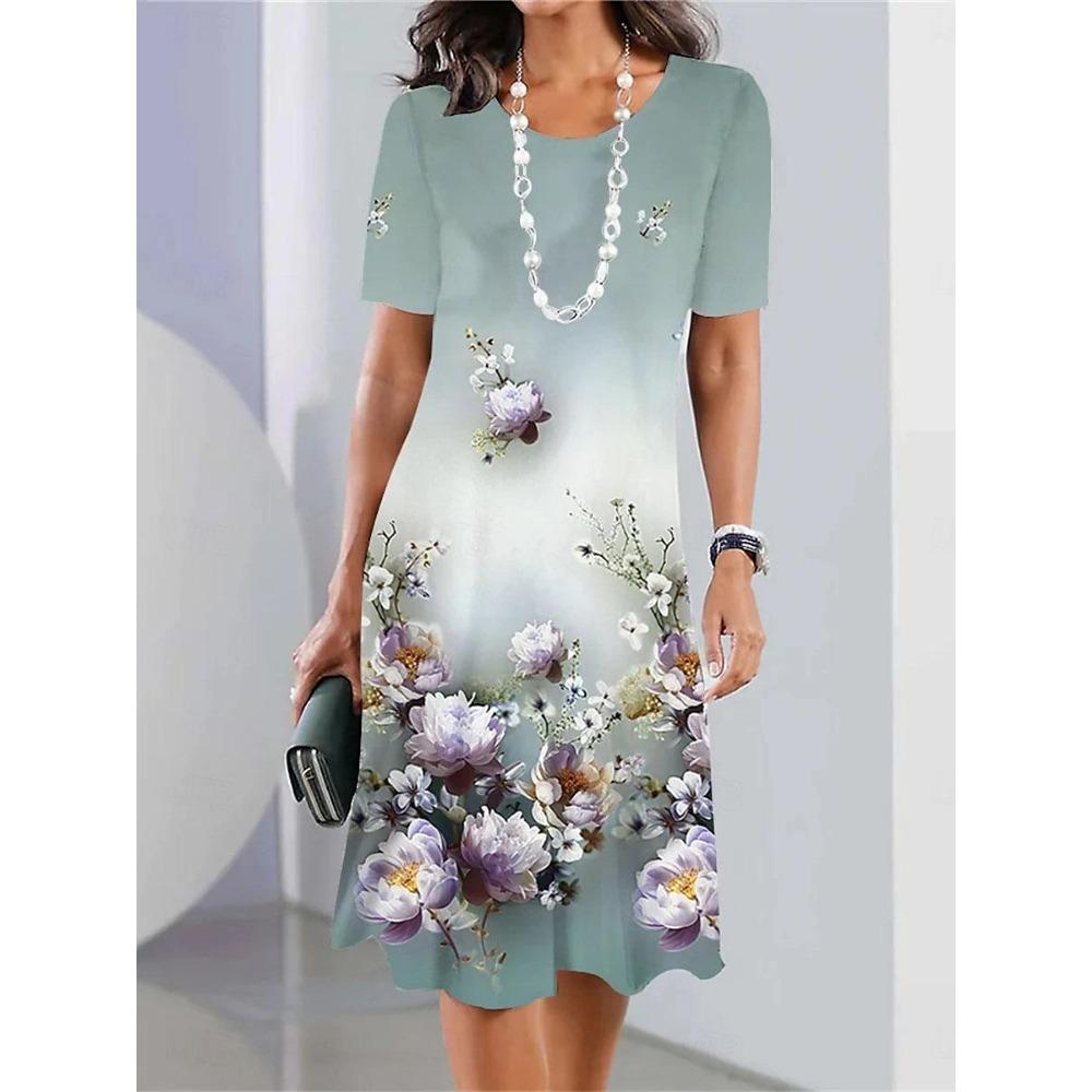 Women's Casual Dress Floral Print Crew Neck Midi Dress Stylish Casual Daily Vacation Short Sleeve Summer Evening Party Dresses