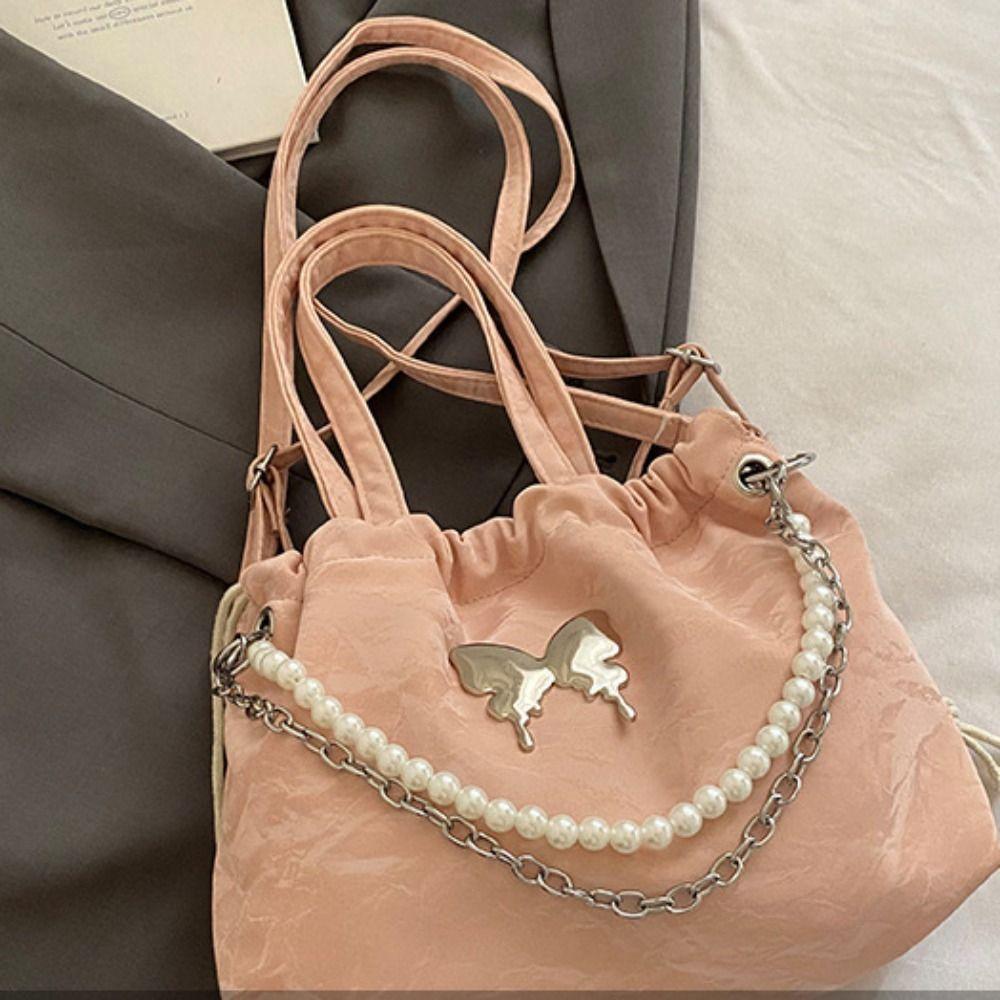 Magnetic Buckle Silver Butterfly  Backpack Metal Chain Pearl Chain Handbag  Daily