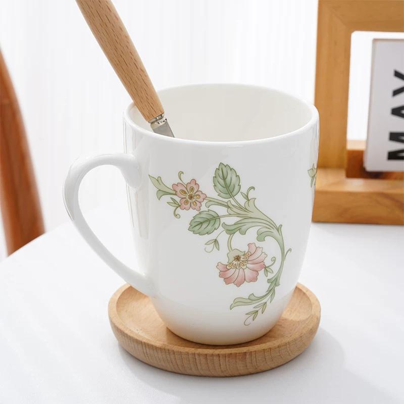 Floral Pattern Fine Bone China Mug, White Porcelain Coffee Mug with Handle, Safe for Microwave Oven, 1pc