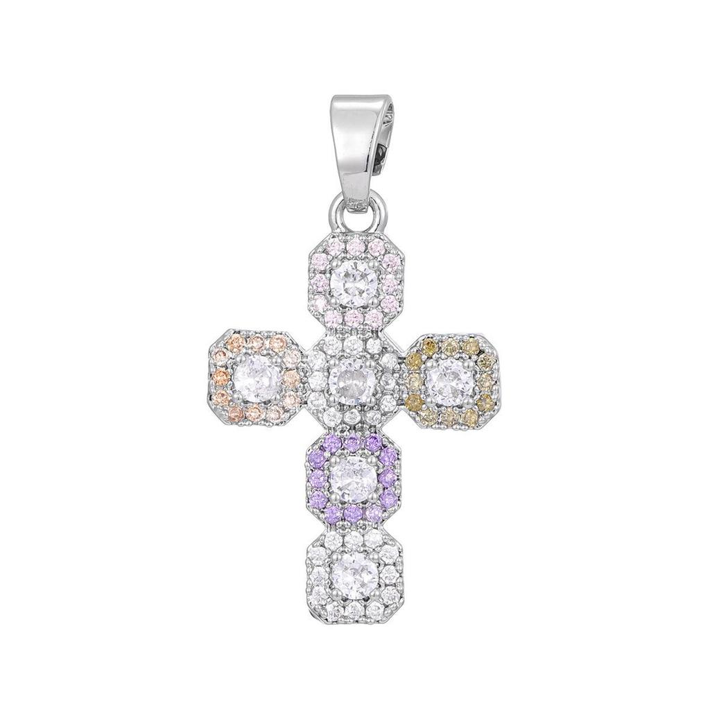 Gold-Plated Multi-Color Zirconia Cross Necklace with Full Diamond Design