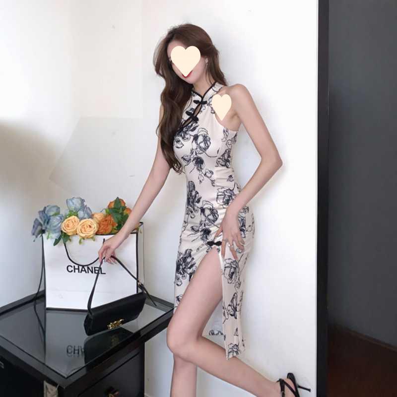Pure desire style improved Guochao printed cheongsam girl young retro slim sleeveless neck high split dress