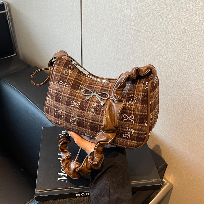 

Осінньо-зимова супер вогняна нішева картата сумка жіноча 2024 нова універсальна сумка-месенджер плісована плечова сумка-під пахву коричневий