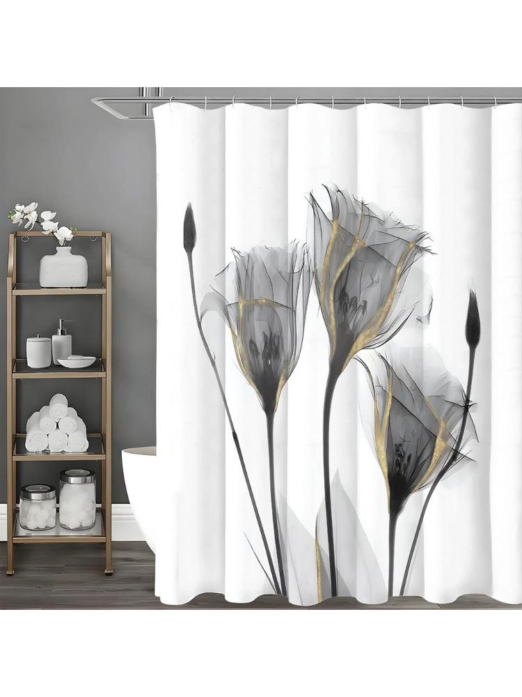 Gray Floral With Gold Line Decorative Shower Curtain, Bathroom Decorative Shower Curtain, Waterproof Shower Curtain With Hooks W60H190(CM)-1 Pcs