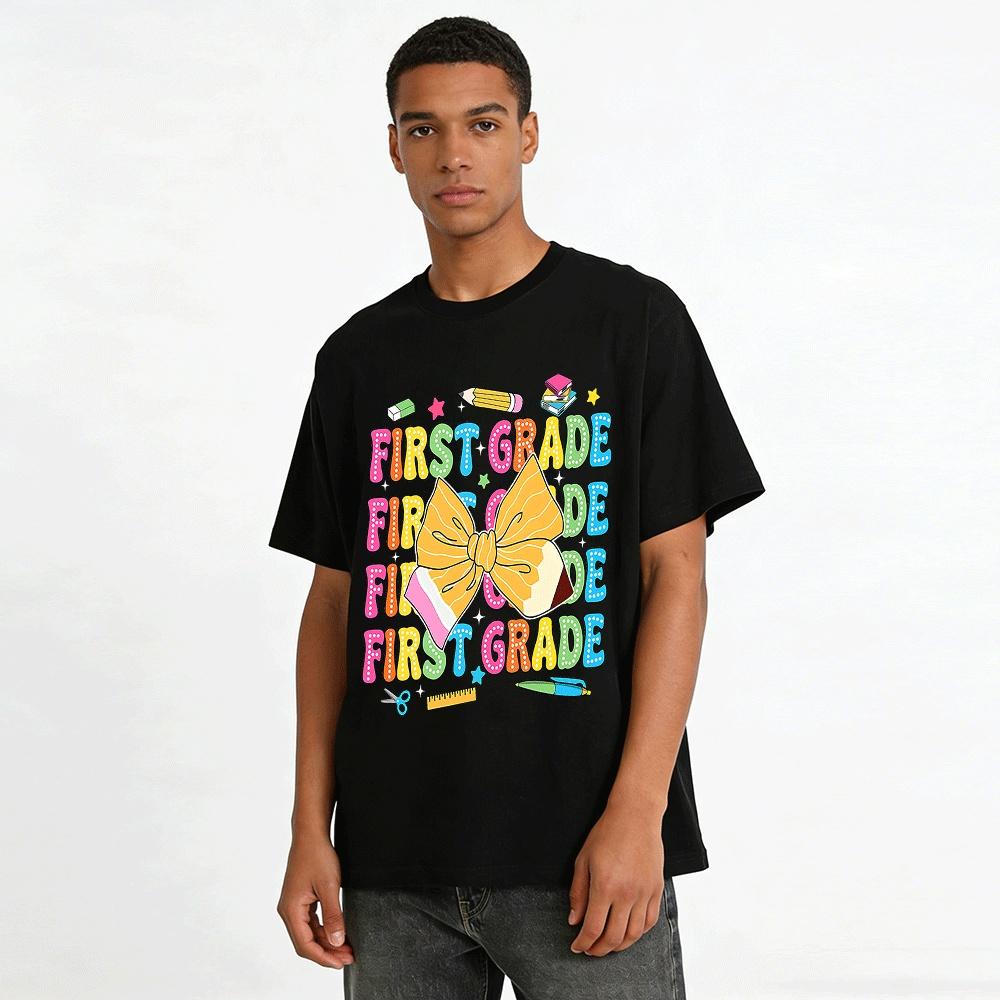 First Grade Pencil Bow Print Kids' Back to School Tee Pure cotton T-shirt