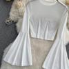 Hotsweet Elegance Casual Fashion Flaneled Sleeve Short O-Neck Slim T-shirt and Halenky Top Letní Podzimní Oblečení Pro Ženy Základní