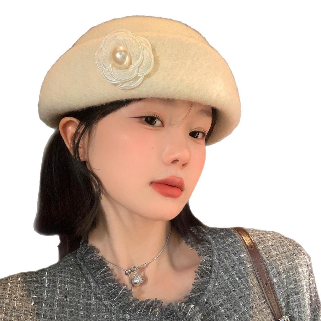 French Camellia Pearl Top Hat, Women'S Autumn And Winter Luxury Sense, Beret, Retro Pot Hat