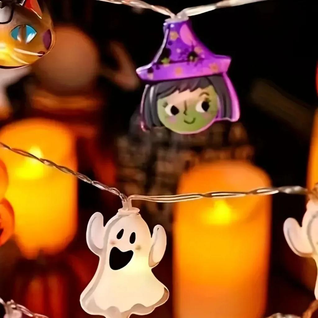 1PC Halloween 10/20/40 LEDS Battery Powered String Lights With Ghost Witch Cat Pumpkin Spider Web Skeleton Mummy Pirate Shape