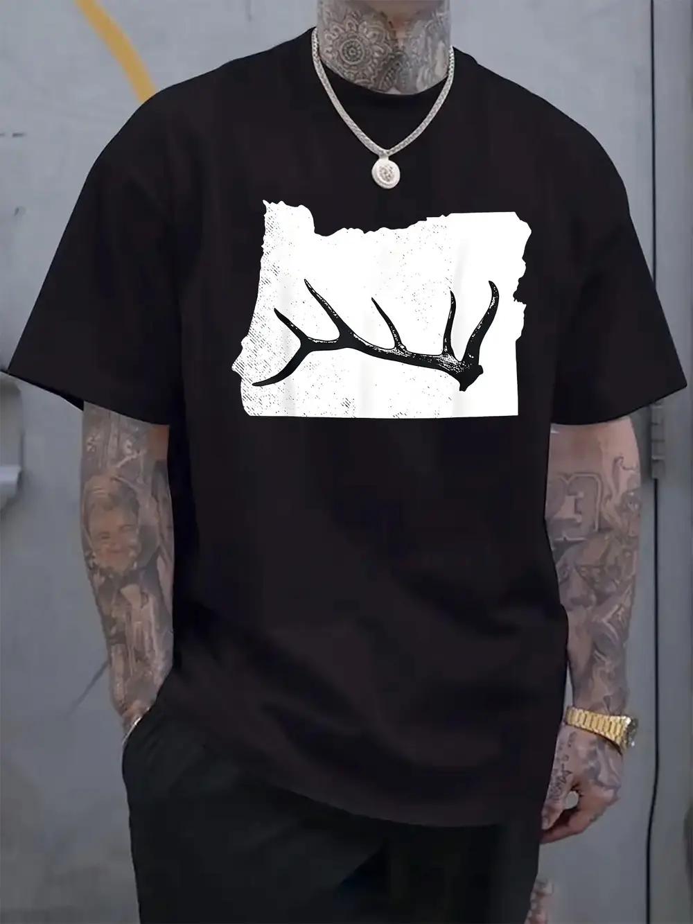 

Casual Crew Neck Short Sleeve T-shirt with Black & White Deer Antler Print - Regular Fit XL