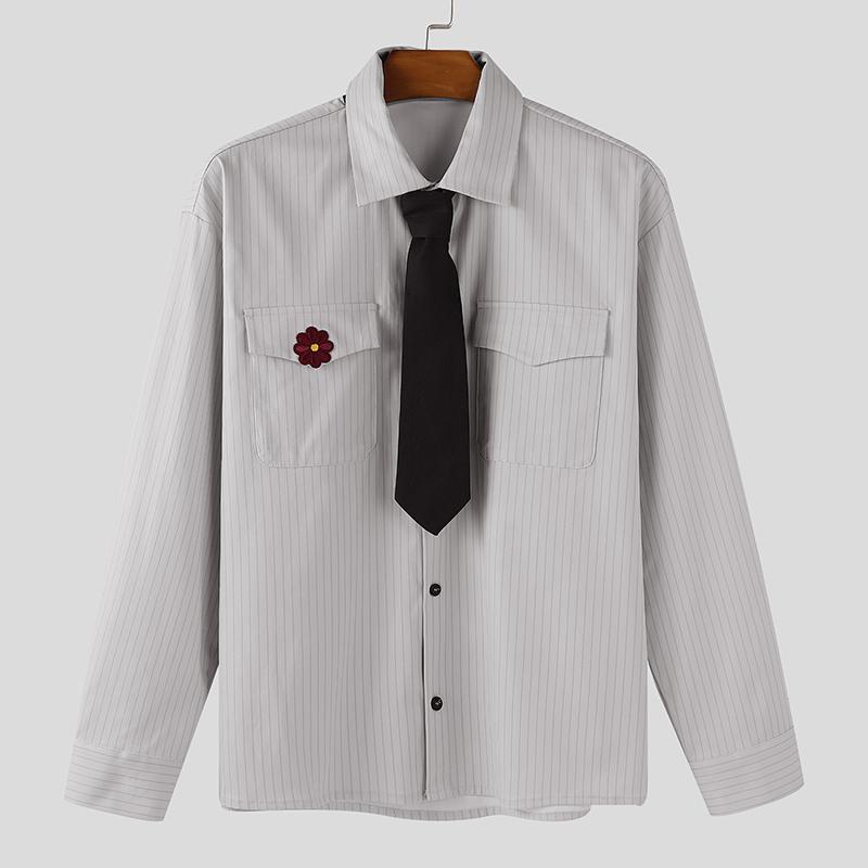 INCERUN Oversized Men Lapel Neck Tie Up Long Sleeve Buttons Embroidery Casual Striped Shirts