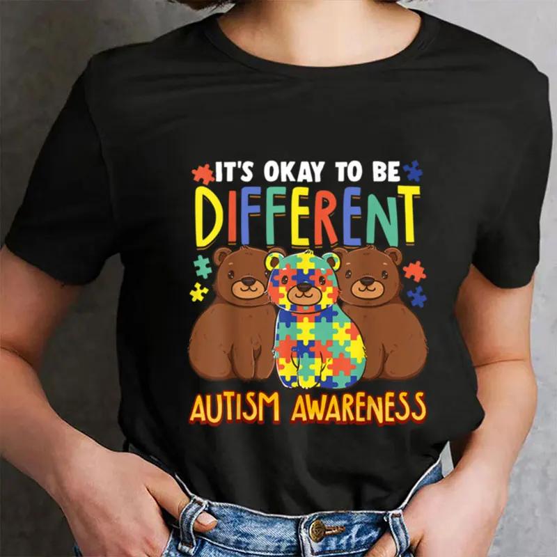 Women s T-shirt Fashion Street Short Sleeve Tops Oversized Shirt Its OK To Be Different Autism Awareness Bears Adults Kids Tops XL