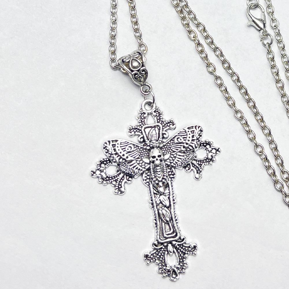 Gotische Blumenranken Kreuz & Totenkopf Halskette mit Ohrringen