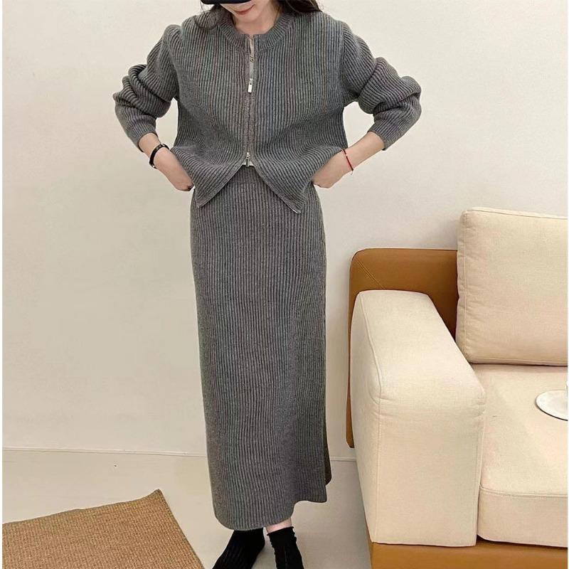 Double zipper sweater skirt two-piece set women's casual loose autumn and winter new skirt knitted cardigan