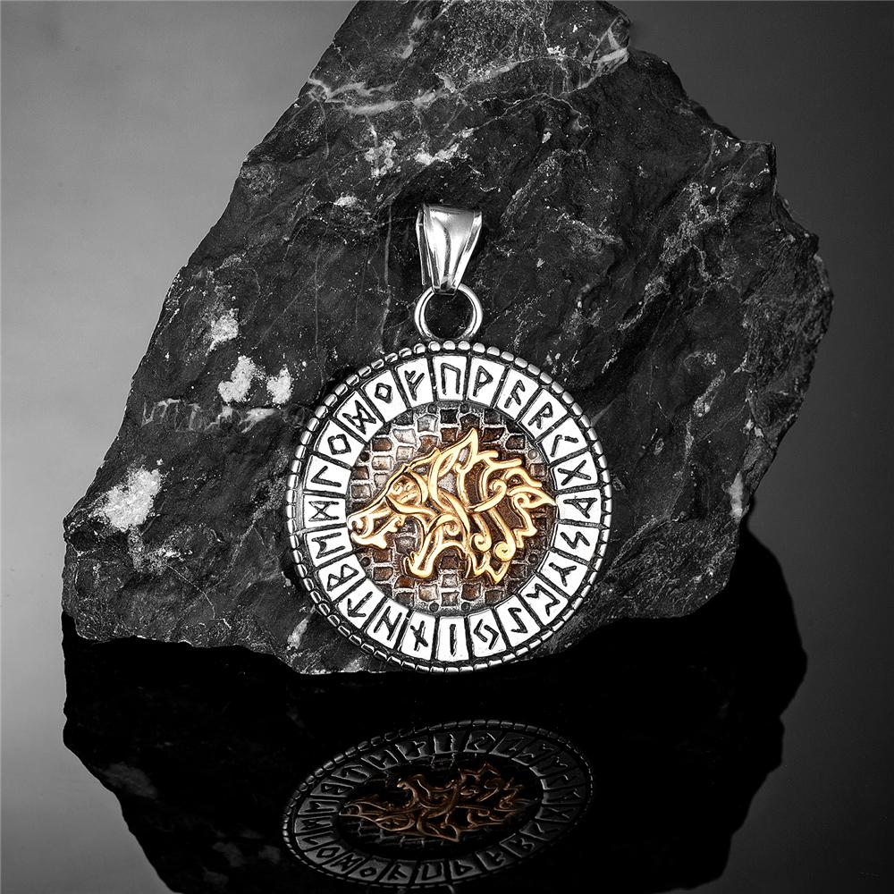Viking Mythologie Nordique Odin Loup Colliers Hommes Couleur Or Fenrir Rune Pendentif Talisman Acier Inoxydable Masculin Bijoux Scandinaves
