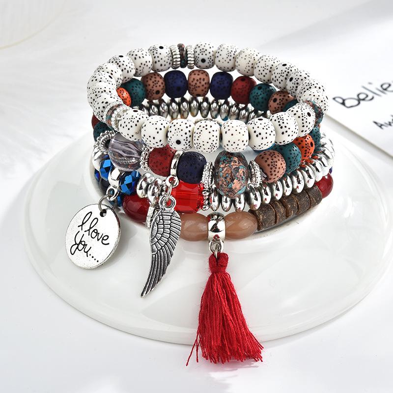 Wing Letter Multi Layered Tassel Beaded Bracelet Vintage Bracelet