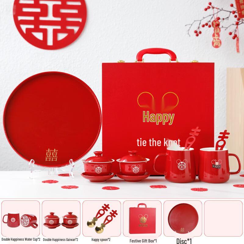 Mickey Mouse Engagement Tea Ceremony Cups with Red Tray Set