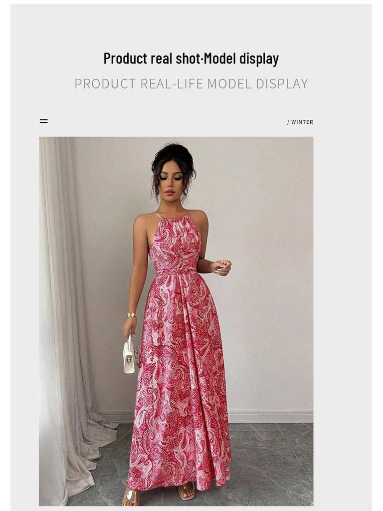 Ethnic Style Women's Halter Maxi Dress - Slimming Waist, Elegant for Beach Vacations