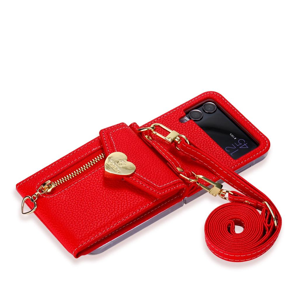 Zipper Coin Purse Crossbody Leather Bag Wallet Case for Samsung Z Flip 6FE 6 4 5 3 Neckstrap Shoulder Strap Card Holder Cover