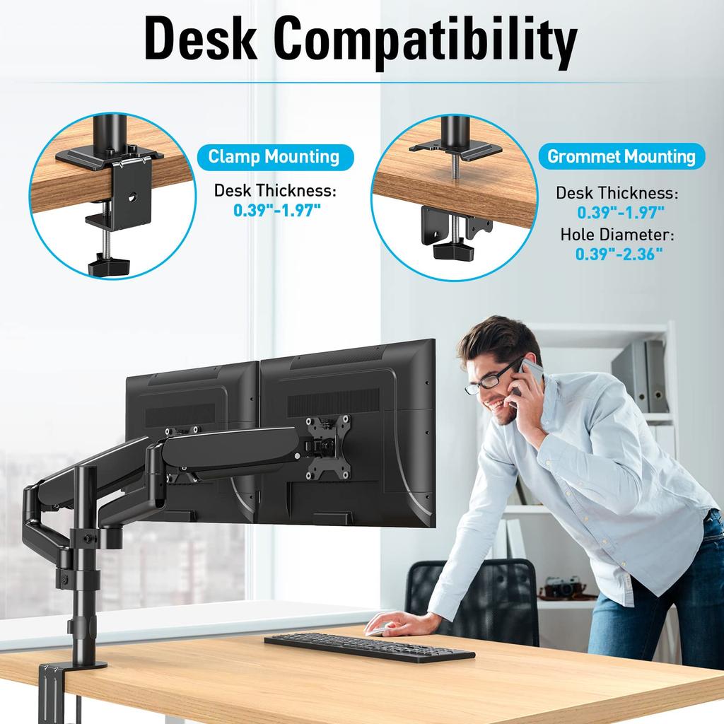 MOUNTUP Monitor Arm LCD Display Arm Gas Spring Compatible with Inches Vertical Load Capacity Grommet Type Clamp Type Pole with Arm Angle Adjustment