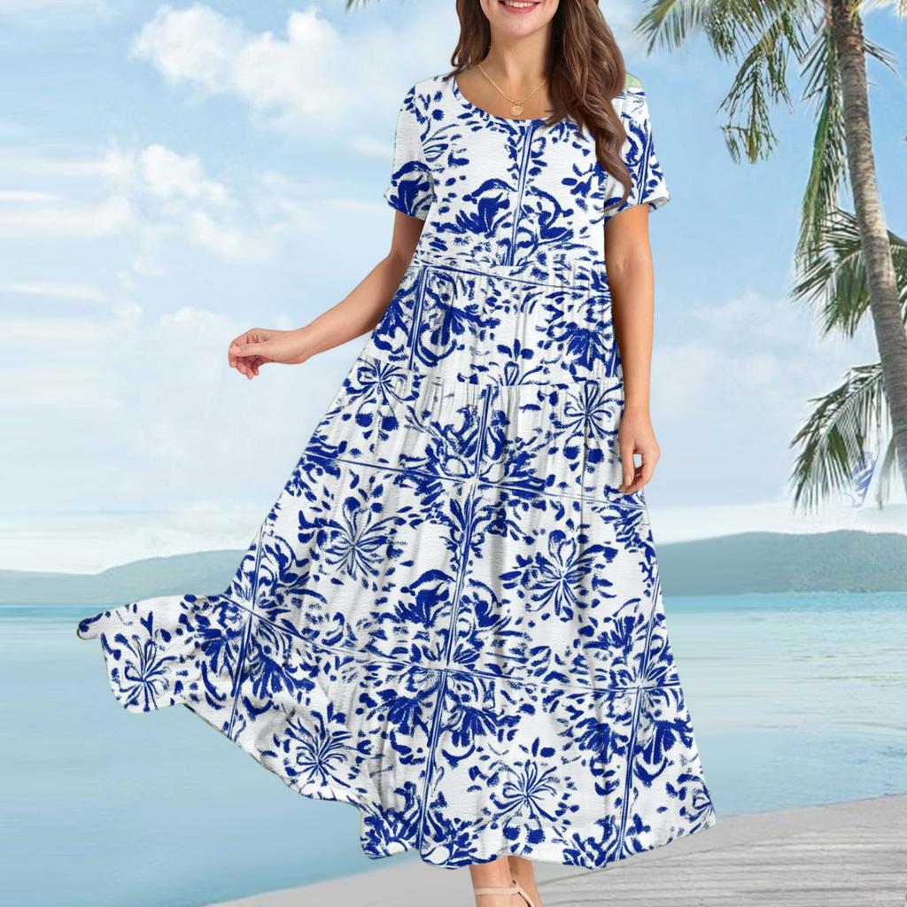 Dam Casual Lös Bohemisk Blommig Kortärmad Klänning
