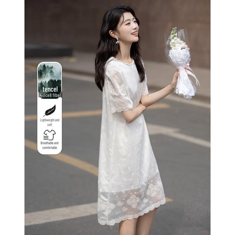 

Demana Women s Breathable Lyocell Embroidered Puff Sleeve Midi Dress L