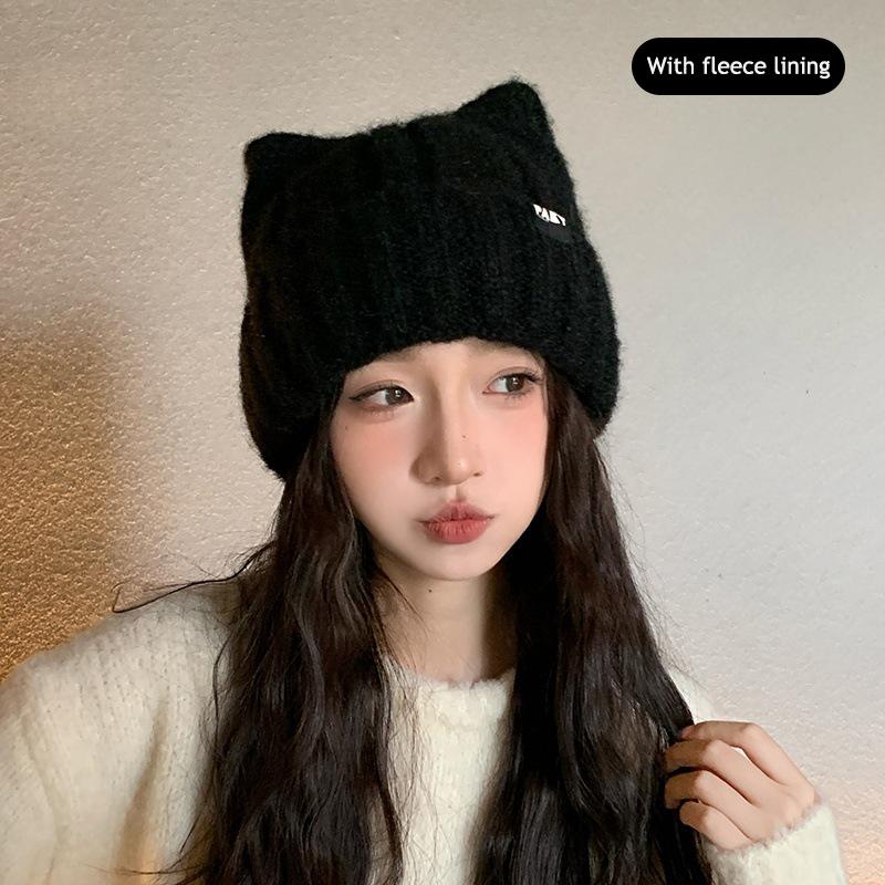 1Pc Cat Ear Knitted Beanies, Cute Winter Warm Wool Hats For Women, Korean Style Fashion Headwear