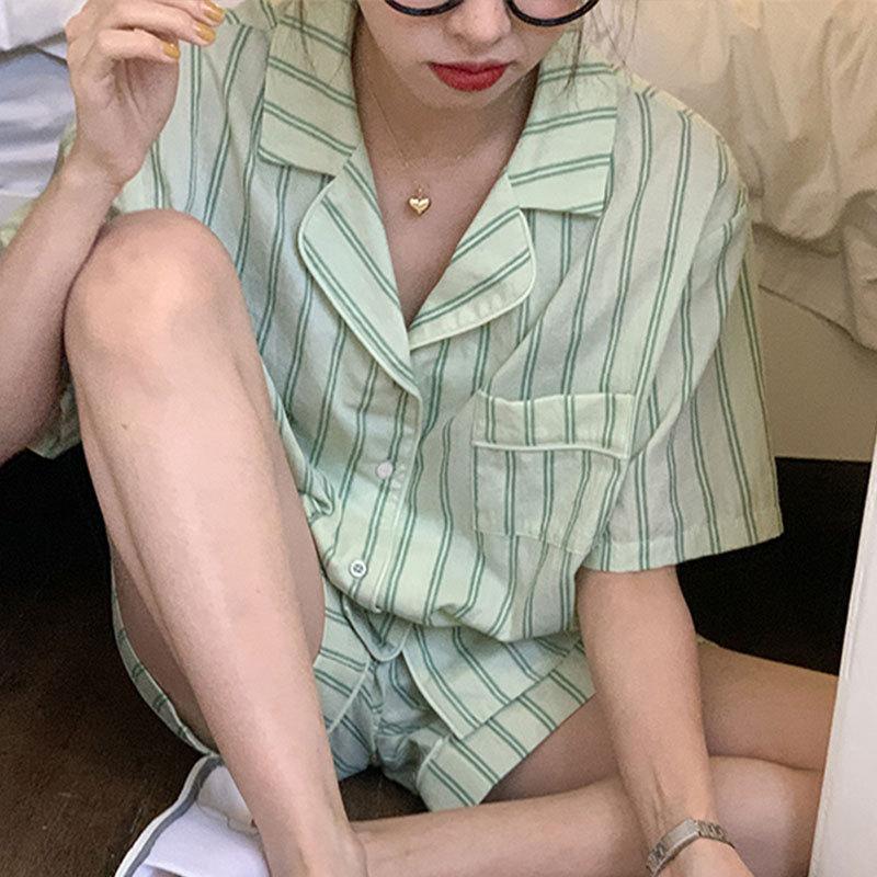 Japanese-style Unprinted Style Summer Fresh Cotton Pajamas Women's Short Sleeves 1011 New Loose Outer Loungewear Suit
