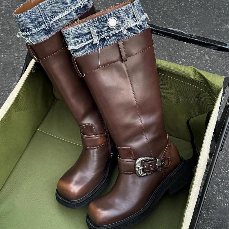 Verze z hovězí kůže~ Pravá kůže Maillard Kovbojské prošívané nadkolenní kozačky Rytířské kozačky Dámské platformové vysoké kozačky