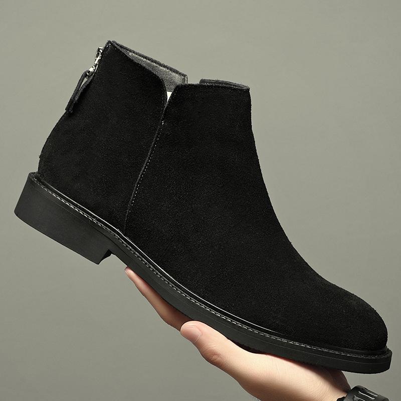 

Leather Chelsea Boots Men s Velvet Leather Pointed High Top Leather Shoes Medium Short Boots Martin Boots Black 38