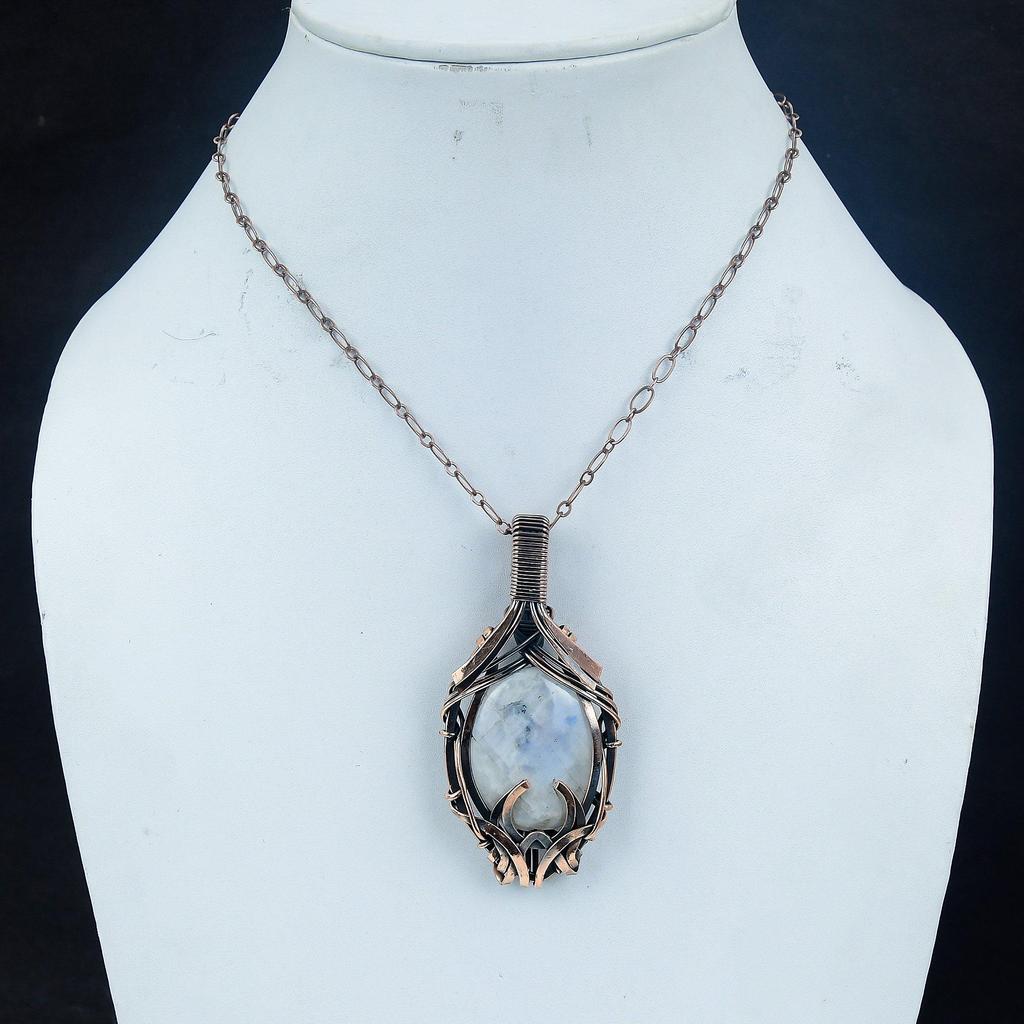Rainbow Moonstone Pendant Gemstone Jewelry, 999 Copper Wire Wrapped Pendant, Handmade Beautiful Jewelry Pendant