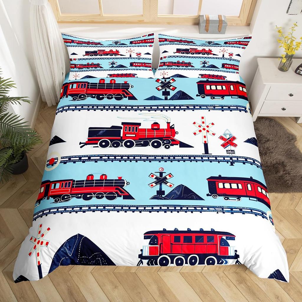 Cartoon Zug Bettwäsche Set Full Queen King Vintage Dampflok Bettdeckenbezug, Reise Eisenbahnstrecke Transport Bettbezug