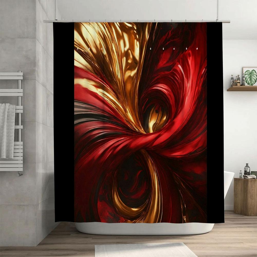 Cortina de Ducha Abstracta Lujosa Rojo-Dorado para Decoración de Baño Patrón de Remolino Impreso Tejido Impermeable con Juego de Anillas (Tamaño72x84i