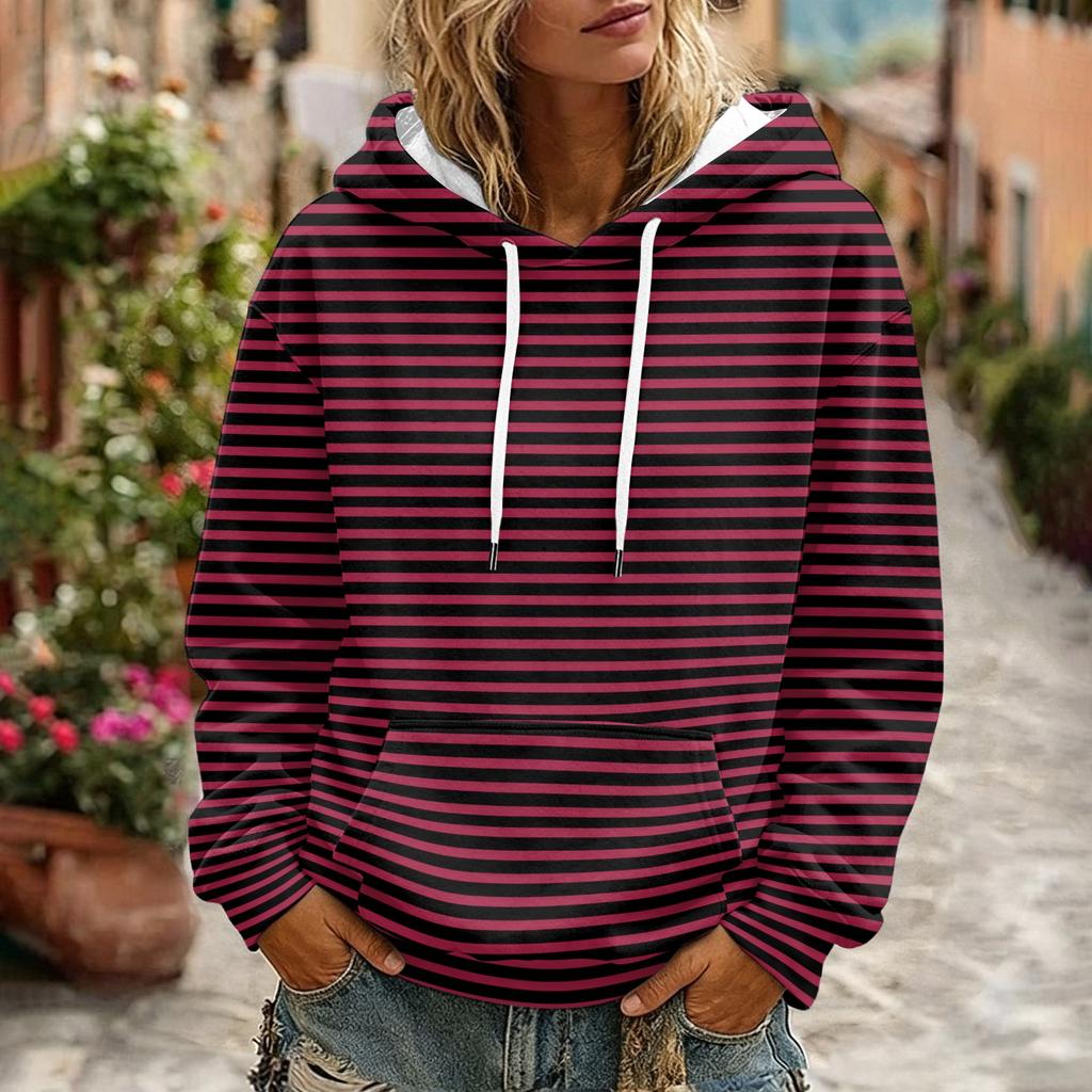 Women's Striped Print Casual Long Sleeve Hoodie with Pocket and
