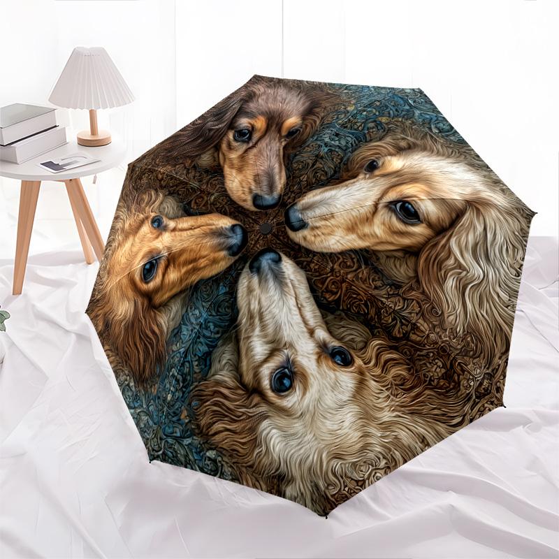 Retro Dog  Pattern, Automatic Folding Umbrella, Portable and Foldable Design, 8 Ribs, a Christmas or Birthday Gift.