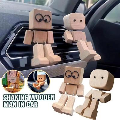 1Sets Shaking Wooden Man Figurine with 12 Magnetic Expressions Handmade Shaking Feet Wooden Doll Car Dashboard Desktop Decoration