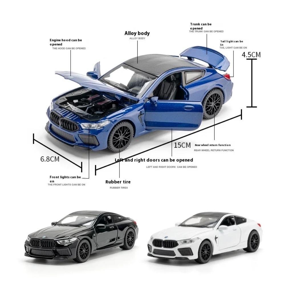 Model samochodu ze stopu BMW M8 w skali 1/32, Dźwięk i światło, Akcja sprężynowa, Zabawka do pokoju zabaw dla dzieci i przedmiot kolekcjonerski