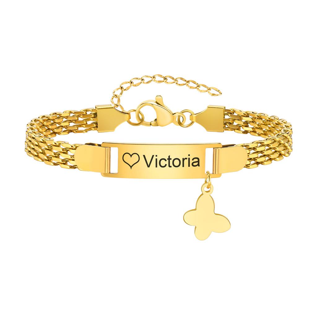 Vnox Free Custom Children's Bracelet For Boys And Girls,Stainless Steel Text Nameplate Bow Pendent Strap Chain Bracelet Jewelry