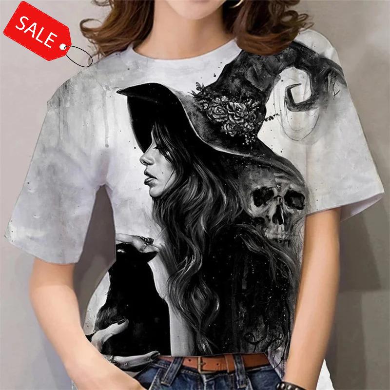 Halloween Pattern T Shirt For Women Witch 3d Printed Short Sleeves Summer Casual Oversized T-shirts O-neck Tops Tees Streetwear