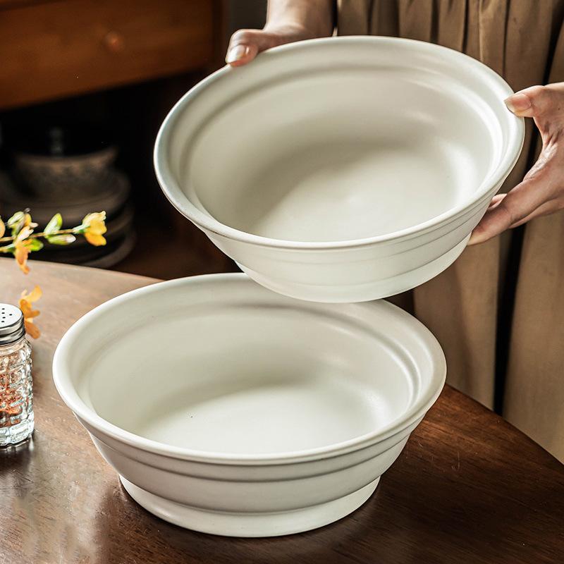 Thick Large Bowl Soup Bowl Solid Color Tableware Ceramic Bowl Household Round Large Vegetable Bowl Restaurant Ramen Bowl Deep Bowl