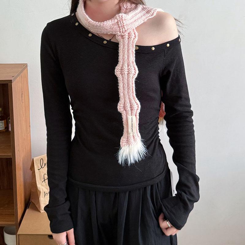 

* Bubbling * Solid Color Coarse Needle Sausage Scarf Autumn And Winter Spice Girl Korean Niche Design Containing Wool Narrow Strips розовый