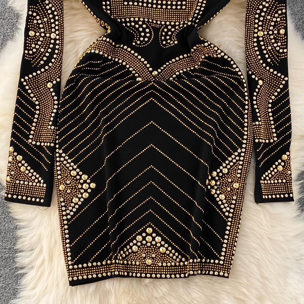 Autumn and Winter European and American Light Luxury Temperament Round Neck and Diamonds Waist and Hip Bottoming Dress