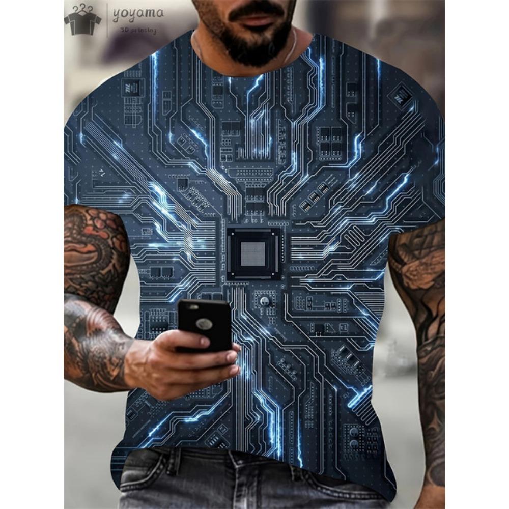 Summer Men Circuit Board Electronic Chip Creative Graphics Fashion Short Sleeve Oversized T-shirt