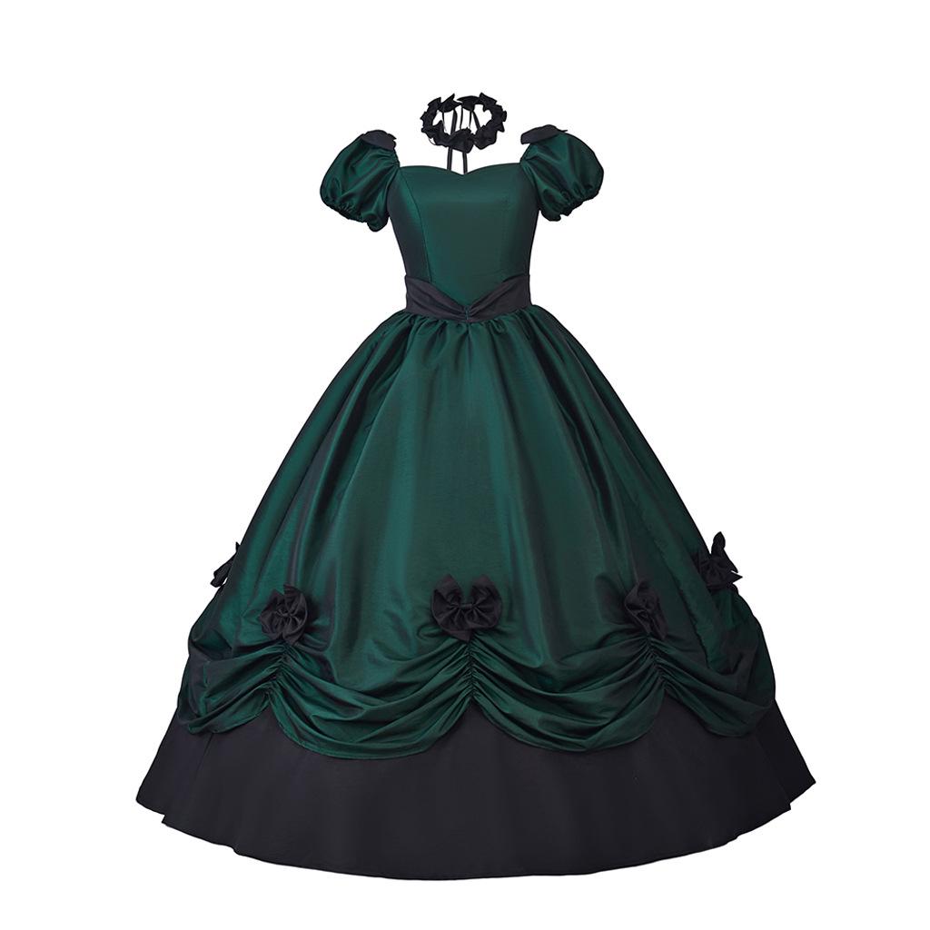 

Victorian Lolita Ball Gown with Bow: Medieval Fantasy Court Style Medium зелёный