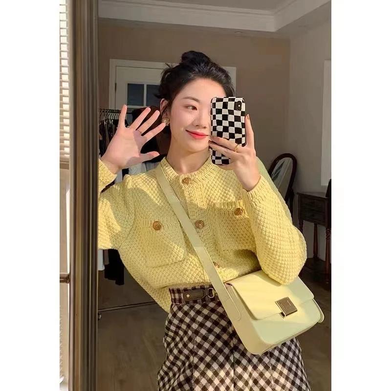 Knitted Cardigan French Vintage Gold Buttons Sweater Women Autumn Winter Luxury Short Straight Coat Knitwear Green Red