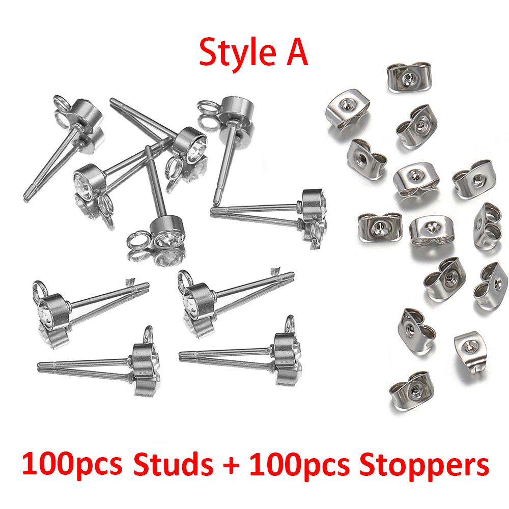 100pcs/20pcs 4mm Stainless Steel Ear Studs Rhinestone Earring Posts with Loop Rings for Earrings Jewelry Making DIY Wholesale