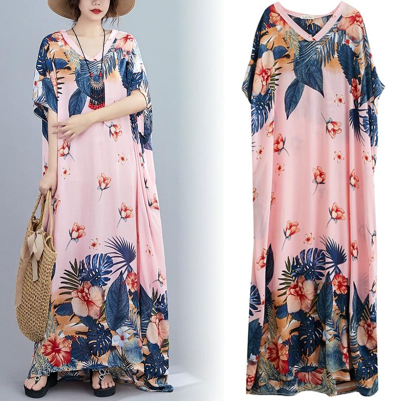DIMANAF 2024 Plus Size Dress Women Summer V-Neck Sundress Bohemian Floral Print Loose Big Oversize Maxi Dress 214