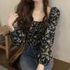 French Floral Square Collar Shirt Female Elegant Design Sense Niche Bubble Sleeve Slim Tops Vintage Pleated Spring Collarbone Blouse