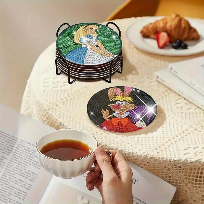 8pc/sets A Lovely Cartoon Girl Diamond Painting Coasters DIY Diamond Art Coasters 5D Full Drill Diamond Coasters Acrylic Round Cup