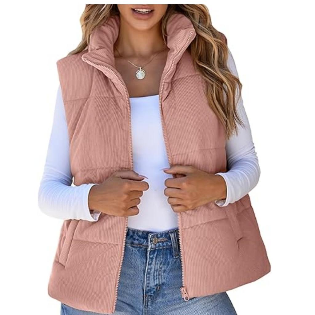 2026 Fall Winter Corduroy Quilted Vest for Women, Fashion Casual Padded Gilet with Pockets and Front Zipper