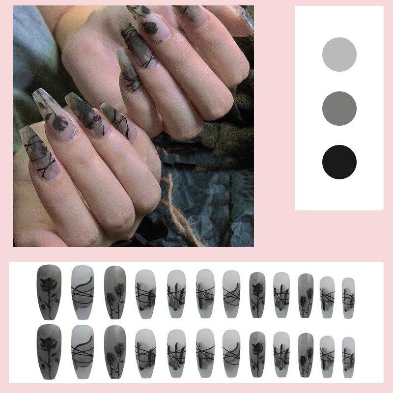 24Pcs False Nails with Glue Press On Nail Flame Rose Rhinestones False Nails Summer Style Fake Nails Heart Design Nail Art Tools